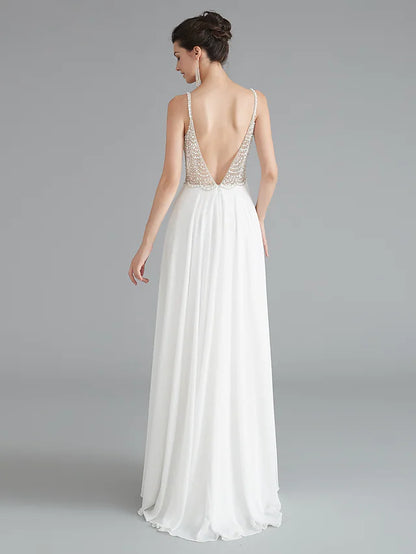 Evening Gown Empire Dress Engagement Floor Length Sleeveless V Neck Chiffon V Back with Beading