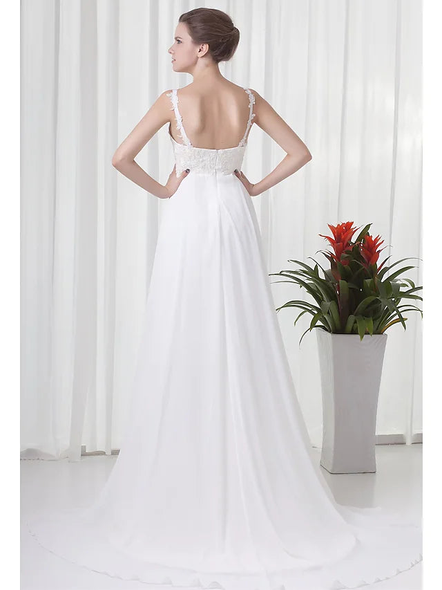 Engagement Formal Wedding Dresses Court  A-Line Spaghetti Strap V Neck Chiffon With Beading Appliques