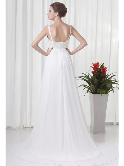 Engagement Formal Wedding Dresses Court  A-Line Spaghetti Strap V Neck Chiffon With Beading Appliques
