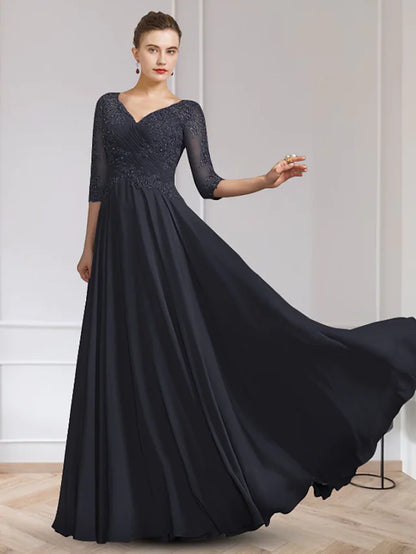 Mother of the Bride Dress Elegant V Neck Floor Length Chiffon Lace Half Sleeve with Appliques