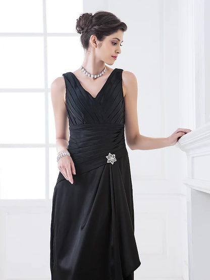 Bridesmaid Dress V Neck Sleeveless Elegant Floor Length Stretch Satin with Criss Cross  Side Draping  Crystal Brooch