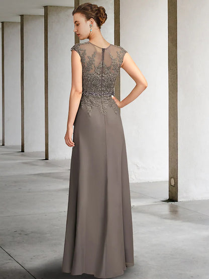 Mother of the Bride Dress Elegant V Neck Floor Length Chiffon Lace Cap Sleeve with Sash  Ribbon Appliques