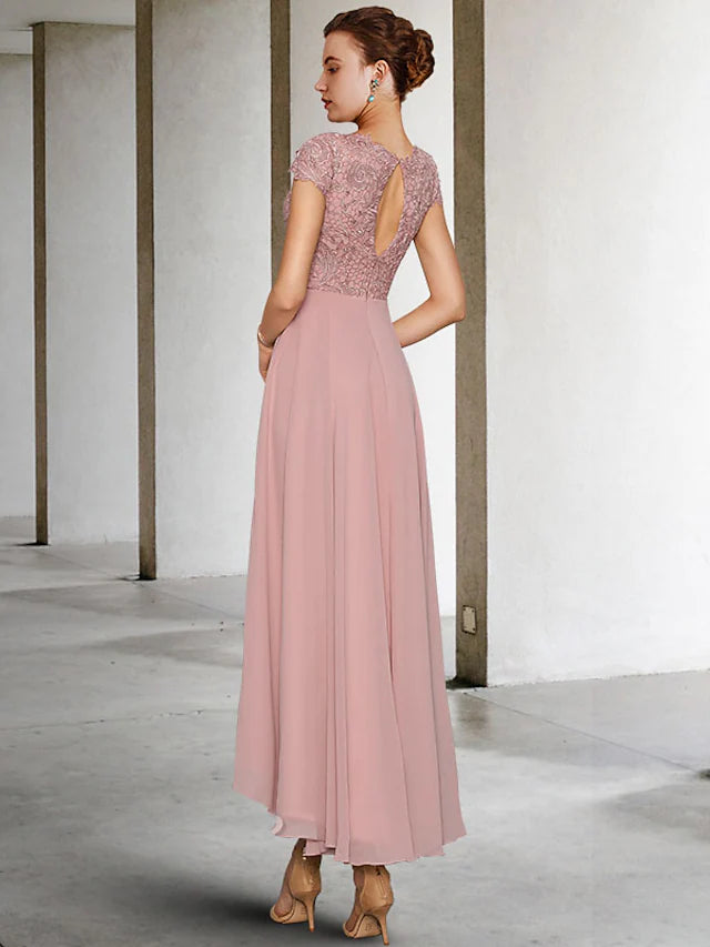 Mother of the Bride Dress Elegant High Low Jewel Neck Asymmetrical Tea Length Chiffon Lace Cap Sleeve with Appliques Ruching