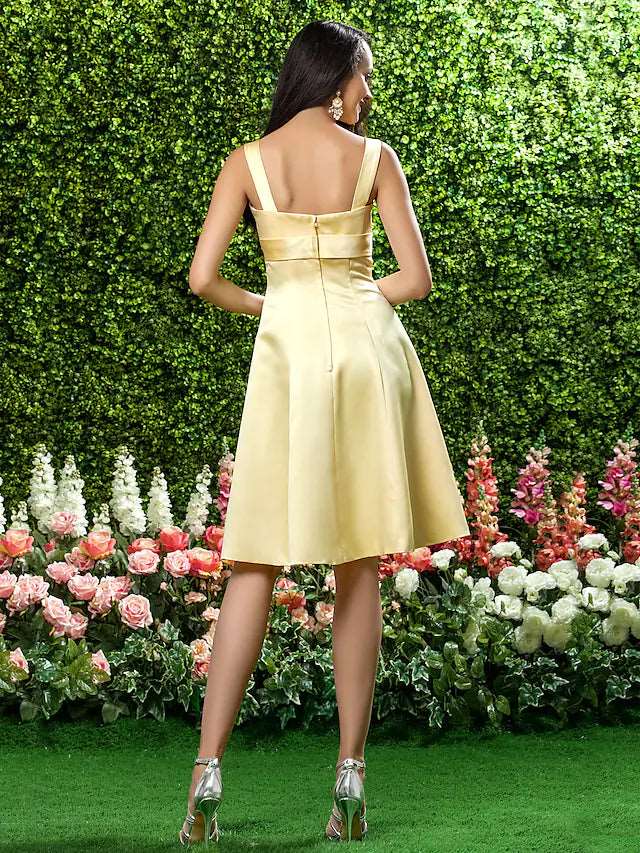 A-Line Bridesmaid Dress Square Neck Sleeveless Knee Length Satin with Draping