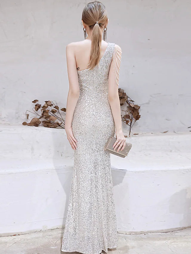 Evening Gown Sparkle Dress Wedding Guest Floor Length Sleeveless One Shoulder Sequined with Beading Sequin