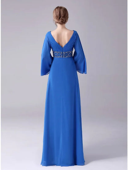 Mother of the Bride Dress Plus Size Elegant V Neck Floor Length Chiffon  Length Sleeve with Beading Ruching