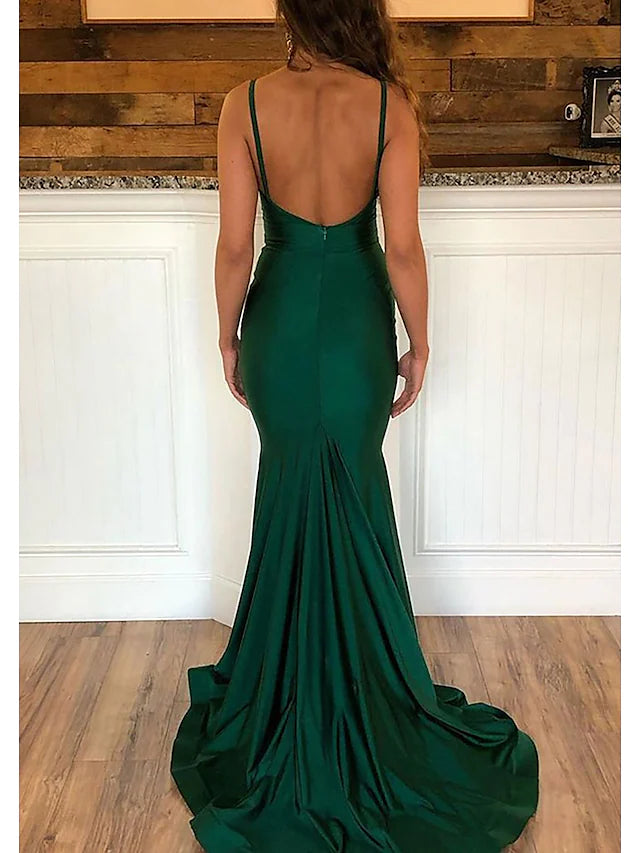 Sleeveless Sweep Train Satin Prom Dress With Pleated