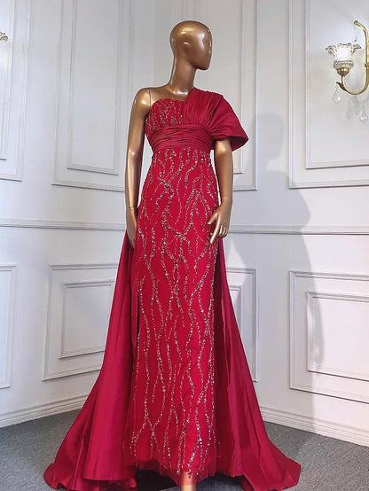 Evening Gown Luxurious Dress Formal  Sleeve One Shoulder Charmeuse with Ruched Crystals