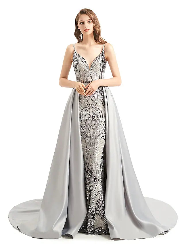 Evening Gown Elegant Dress Engagement Detachable Sleeveless V Neck Detachable Sequined with Sequin