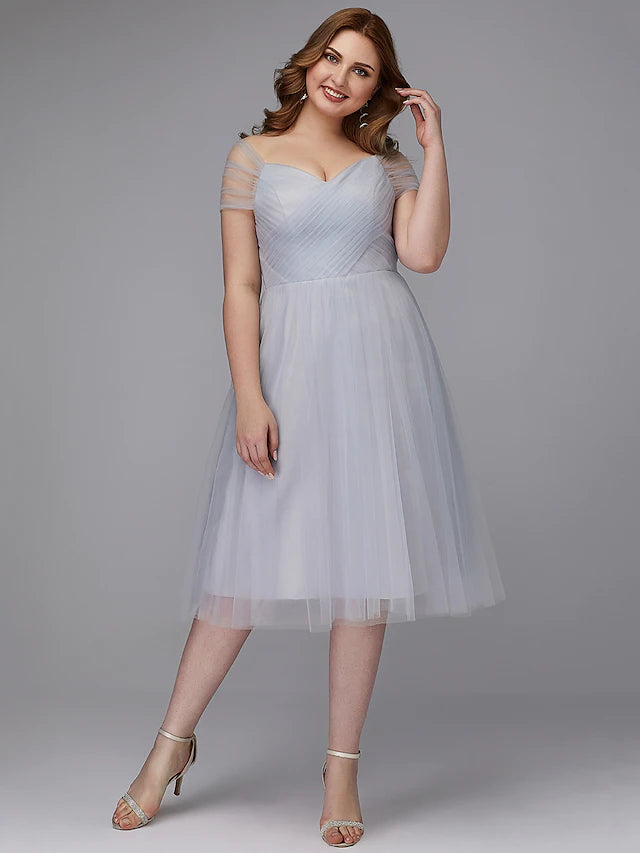A-Line Elegant Dress Wedding Guest Tea Length Short Sleeve Off Shoulder Tulle with Sash Ribbon Criss Cross