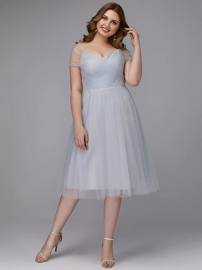 A-Line Elegant Dress Wedding Guest Tea Length Short Sleeve Off Shoulder Tulle with Sash Ribbon Criss Cross