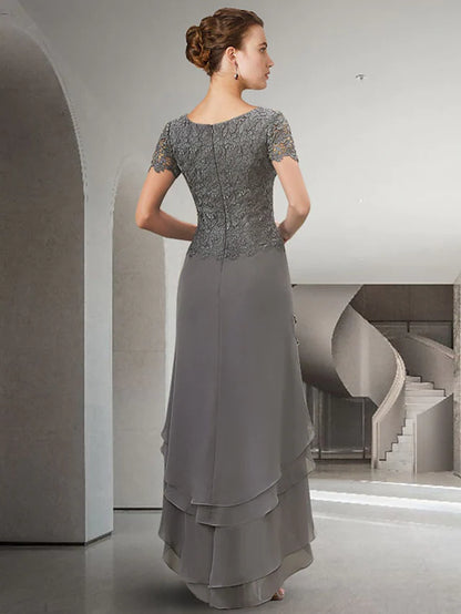 Mother of the Bride Dress Elegant High Low Jewel Neck Asymmetrical Floor Length Chiffon Lace Short Sleeve with Appliques Cascading Ruffles