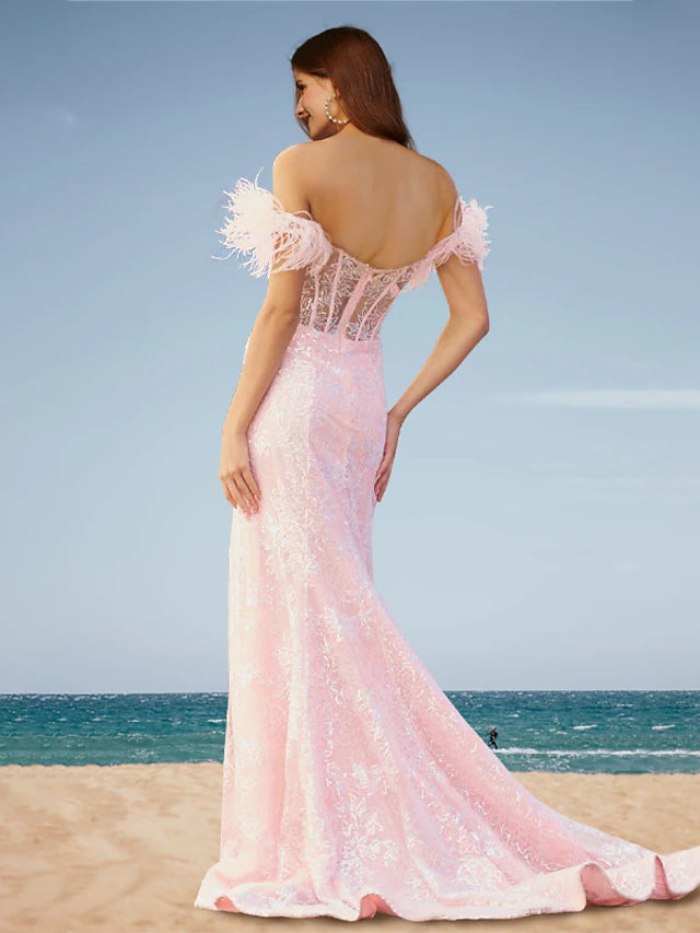 Prom Dresses Corsets Dress Wedding Party Court Train Sleeveless Off Shoulder Lace Backless with Feather Slit Appliques