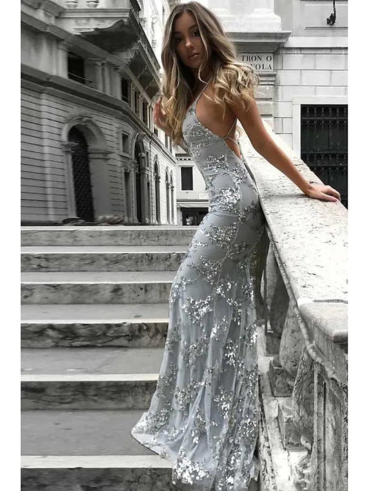 Prom Dresses Sparkle & Shine Dress Formal Sleeveless V Neck Lace with Sequin