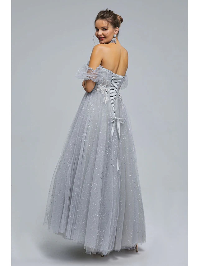 Prom Dresses Princess Dress Quinceanera Tea Length Short Sleeve Off Shoulder Tulle with Sequin Appliques