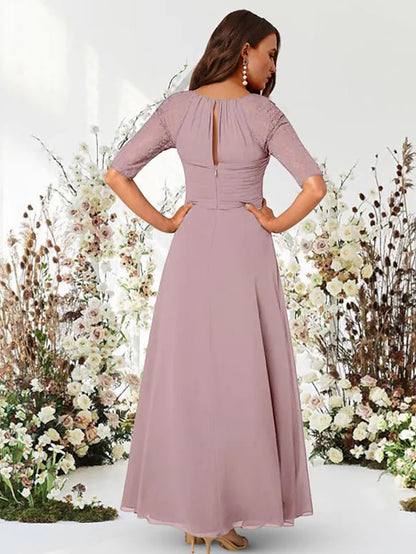Evening Gown Elegant Dress Wedding Guest Floor Length Half Sleeve Jewel Neck Chiffon with Pleats Ruched