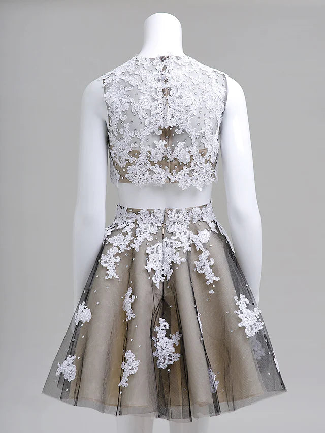 Dress Homecoming Short  Mini Sleeveless Illusion Neck Lace Over Tulle with Beading