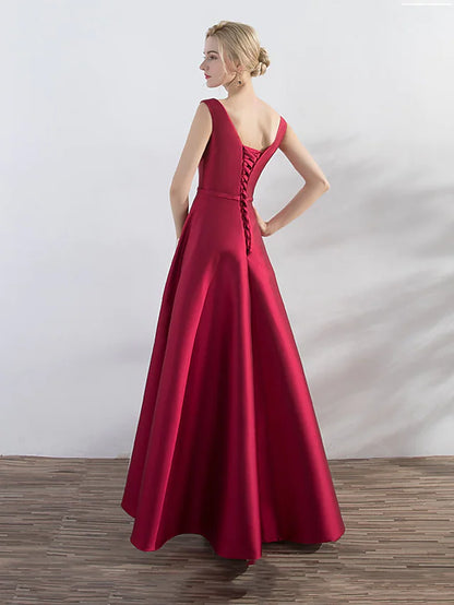 Evening Gown Elegant Minimalist Dress Party Wear Wedding Guest Asymmetrical Sleeveless Jewel Neck Satin with Sleek