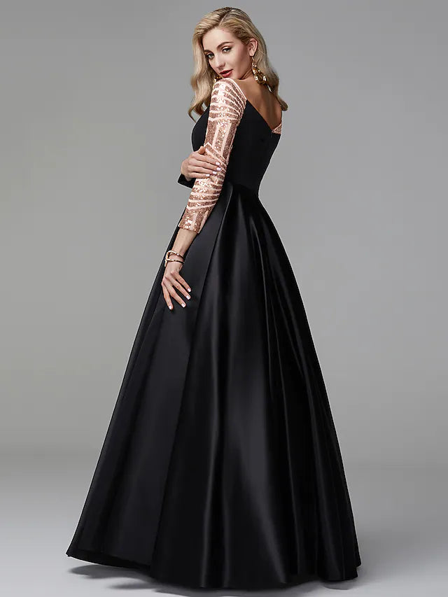 Sparkle Quinceanera Formal Evening Dress Off Shoulder Long Sleeve Floor Length Satin with Sequin
