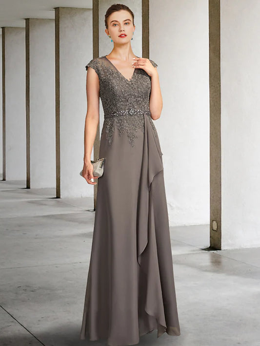 Mother of the Bride Dress Elegant V Neck Floor Length Chiffon Lace Cap Sleeve with Sash  Ribbon Appliques