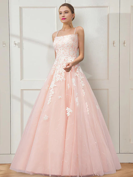 Prom Dresses Floral Dress Masquerade Floor Length Sleeveless Spaghetti Strap Tulle Crisscross Back with Embroidery