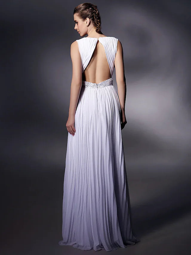 Celebrity Style Dress Prom Floor Length Sleeveless Plunging Neck Chiffon with Beading Draping