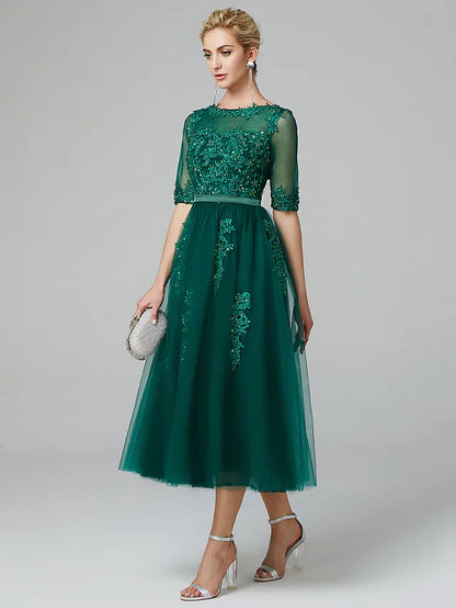 Sparkle Dress Wedding Guest Tea Length Sleeveless Illusion Neck Lace Over Tulle with Sequin Appliques