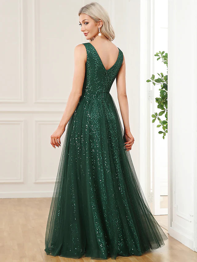 Prom Dresses Elegant Dress Party Wear Floor Length Sleeveless V Neck Sequined V Back with Sequin