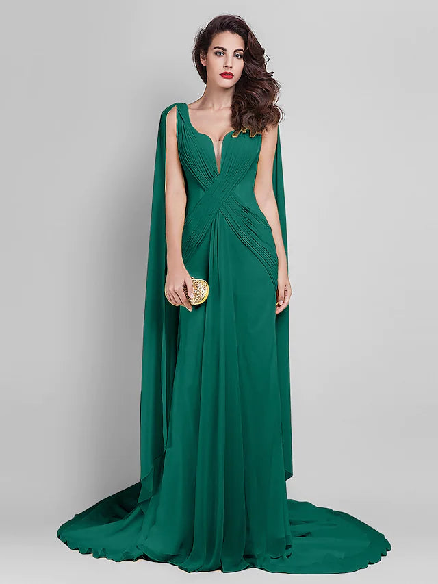 Dress Wedding Guest Court Train Sleeveless Plunging Neck Georgette V Back with Criss Cross Side Draping