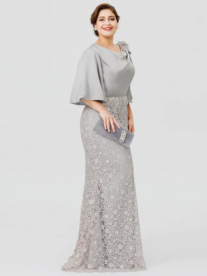 Mother of the Bride Dress Plus Size Sexy Cowl Neck Sweep  Brush Train Satin Chiffon Lace Over Satin Half Sleeve No with Applique