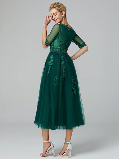 Sparkle Dress Wedding Guest Tea Length Sleeveless Illusion Neck Lace Over Tulle with Sequin Appliques