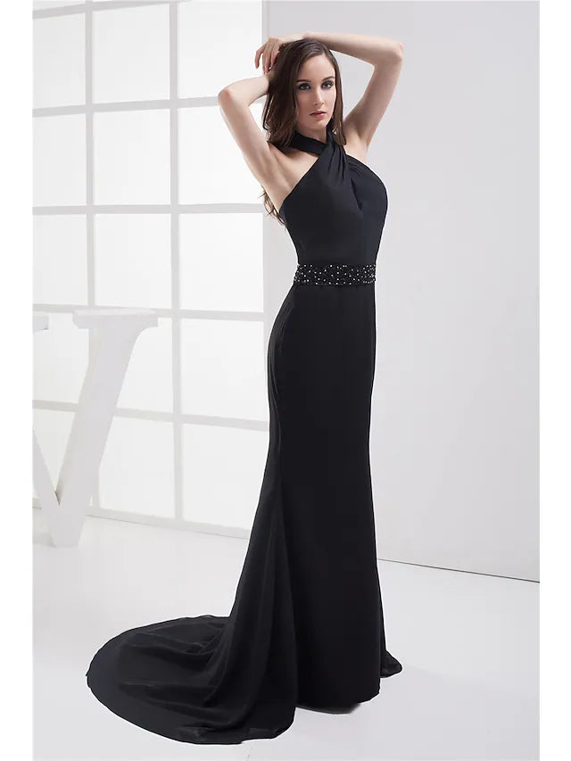 Evening Gown Elegant Dress Formal Evening  Sleeveless Halter Chiffon with Beading