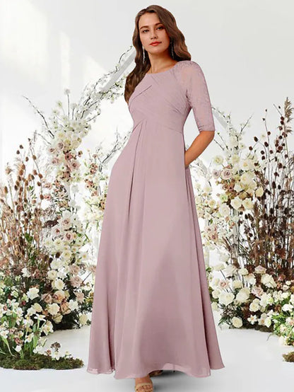 Evening Gown Elegant Dress Wedding Guest Floor Length Half Sleeve Jewel Neck Chiffon with Pleats Ruched
