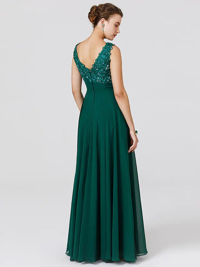 Elegant Dress Wedding Guest Floor Length Sleeveless V Neck Chiffon V Back with Sash  Ribbon Beading
