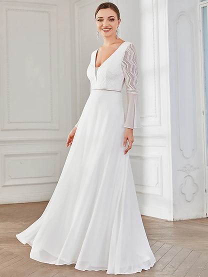 Wedding Dresses Floor Length A-Line Long Sleeve V Neck V Wire Chiffon With Lace