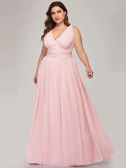Plus Size Wedding Guest Formal Evening Dress V Neck V Back Sleeveless Floor Length Chiffon with Pleats