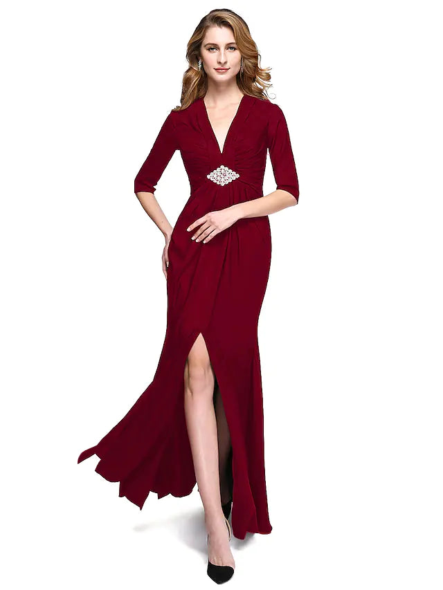 Mother of the Bride Dress Furcal V Neck Floor Length Stretch Satin Half Sleeve with Criss Cross Pleats Split Front