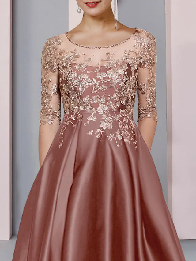 Mother of the Bride Dress Formal Party Elegant High Low Scoop Neck Asymmetrical Tea Length Satin Lace Half Sleeve with Pleats Beading Appliques