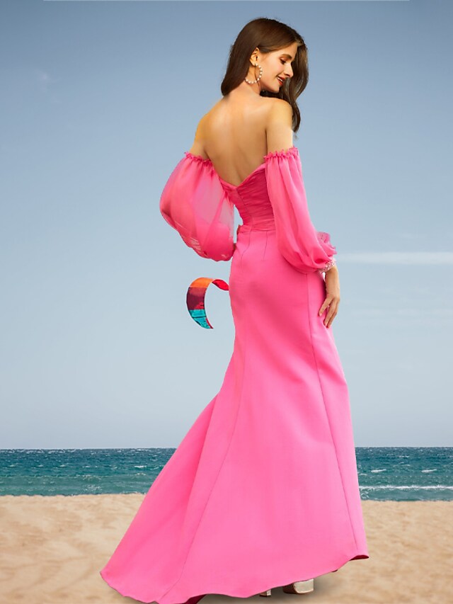 Prom Dresses Cut Out Dress Holiday  Long Sleeve Off Shoulder Satin Backless with Slit