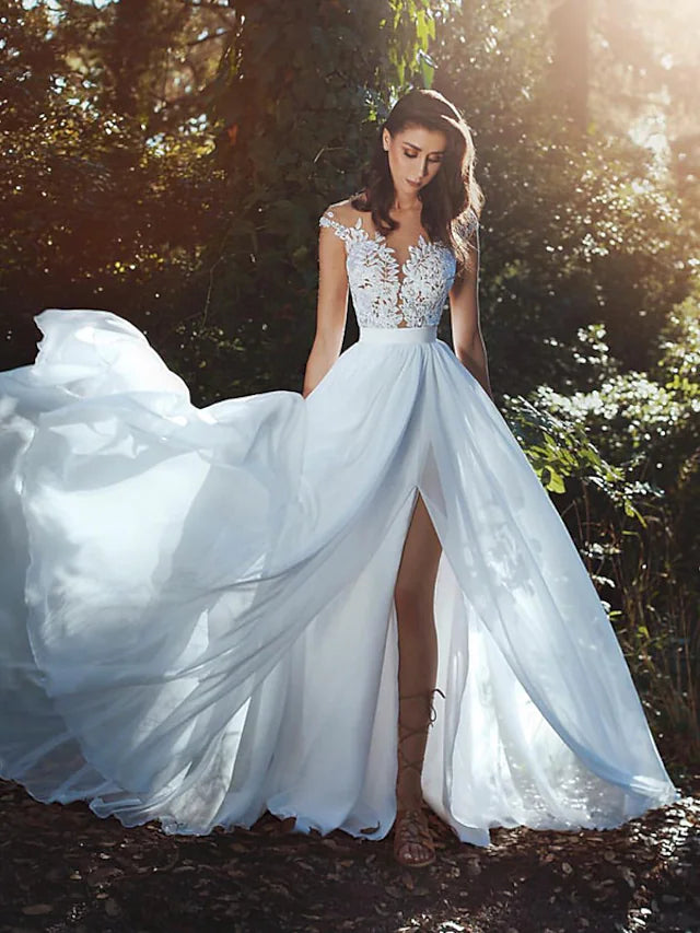 Beach Open Back Wedding Dresses Court Train A-Line Cap Sleeve Jewel Neck Chiffon With Pleats Split Front