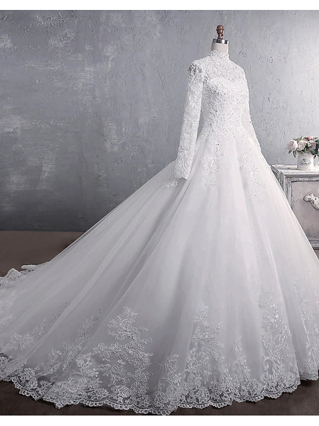 Wedding Dresses Court Train Princess Long Sleeve High Neck Lace With Appliques