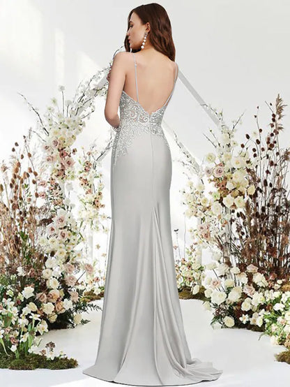 Evening Gown Empire Dress Wedding Guest  Sleeveless V Neck Chiffon with Appliqu