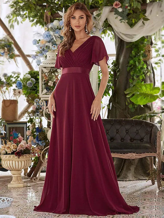 Evening Gown Empire Dress Wedding Guest Floor Length Short Sleeve V Neck Chiffon V Back with Ruffles