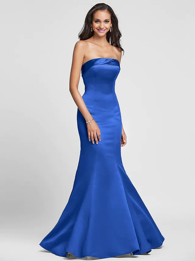 Mermaid  Trumpet Bridesmaid Dress Strapless Sleeveless Lace Up Floor Length Satin with Side Draping