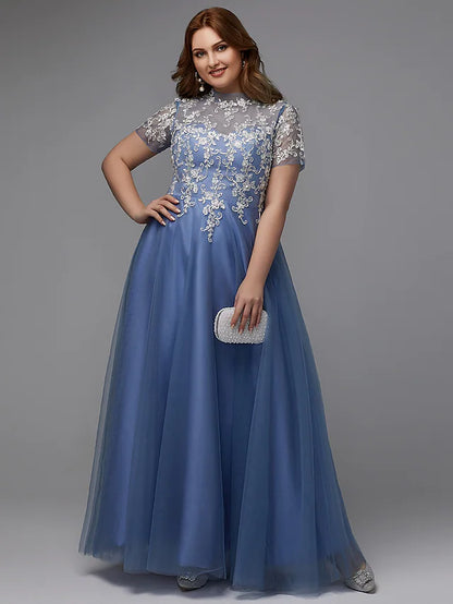 Plus Size Dress Wedding Guest Floor Length Short Sleeve High Neck Lace Lace-up with Appliques