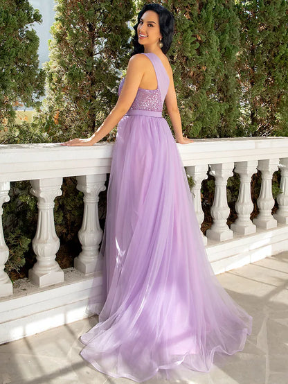 A-Line Party Dresses Sparkle & Shine Dress Wedding Party  Sleeveless One Shoulder Tulle with Pearls Sequin Slit