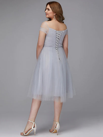 A-Line Elegant Dress Wedding Guest Tea Length Short Sleeve Off Shoulder Tulle with Sash Ribbon Criss Cross