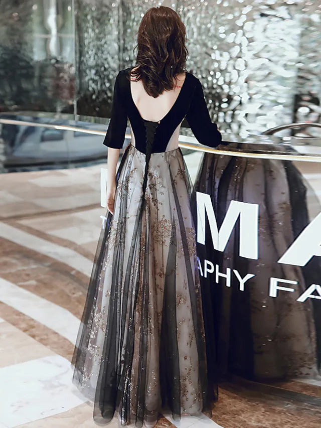 Glittering Cut Out Party Wear Formal Evening Dress Illusion Neck Half Sleeve Floor Length Velvet with Sequin Appliques