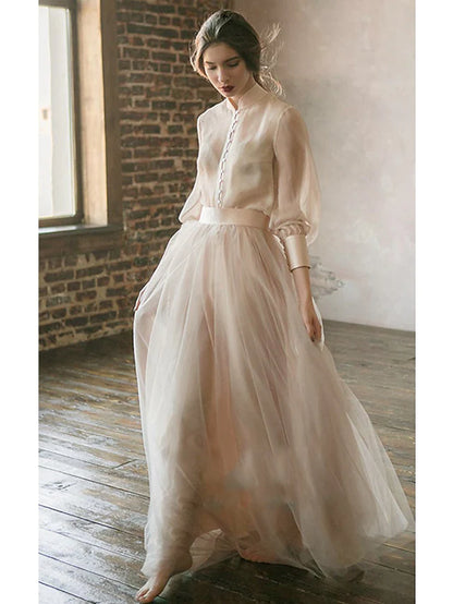 Empire Minimalist Wedding Guest Formal Evening Birthday Dress Stand Collar Long Sleeve Floor Length Chiffon with Tier