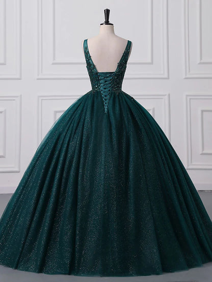 Prom Dresses Sparkle & Shine Dress Quinceanera Floor Length Sleeveless V Neck Tulle with Sequin Appliques